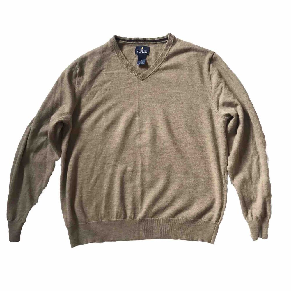 Stafford Sweater Mens XL V-Neck L/S 100% Wool Tan Tailored Golf Luxury Neutral